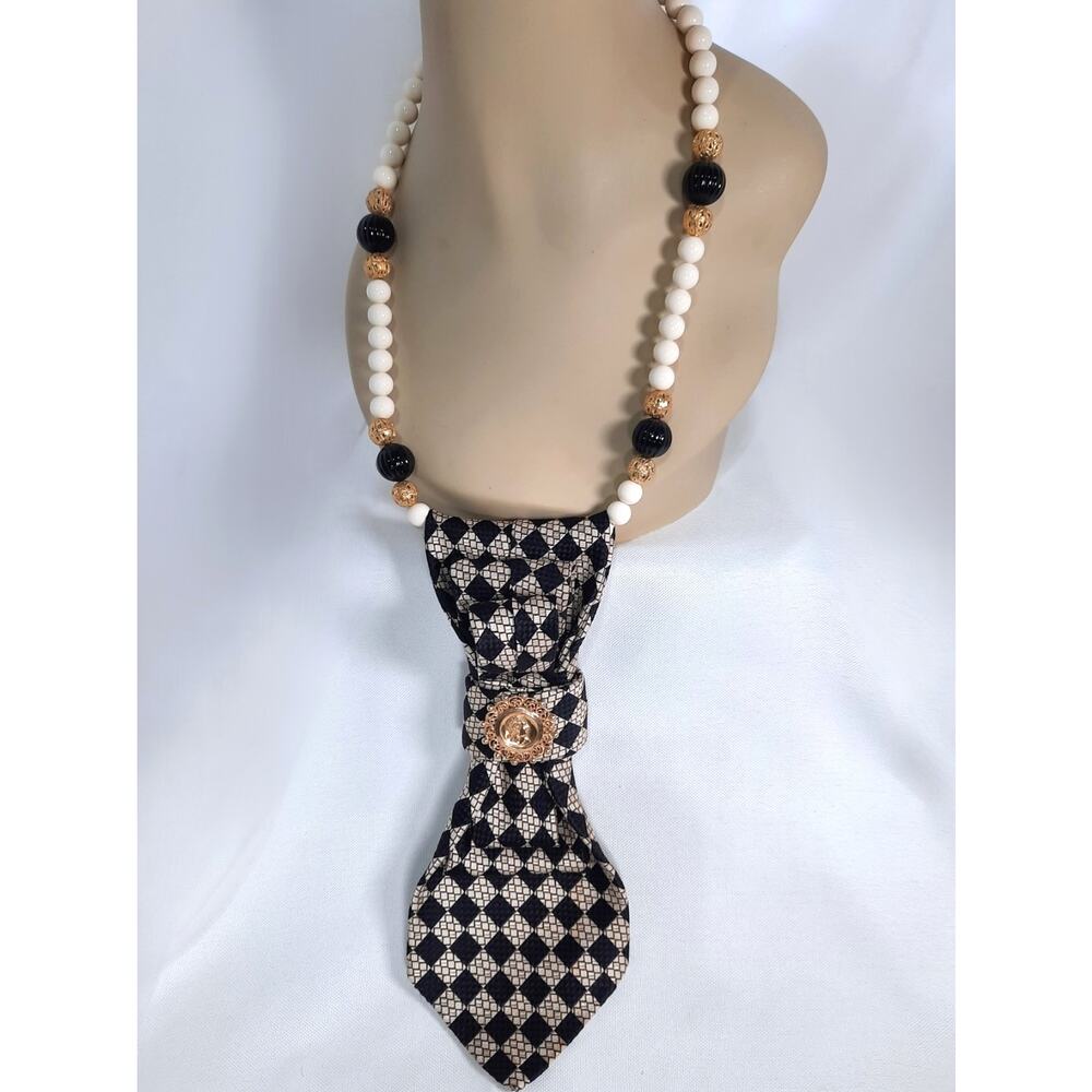 Artisan Silk Tie Necklace Luxury Diamond Pattern Vintage Beaded Medallion Accent